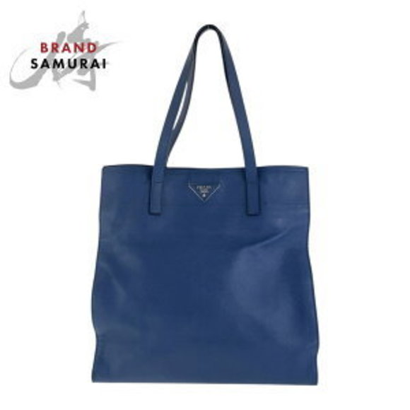 Prada Tote Saffiano Shoulder Blue Leather Navy Bag Triangle - Picture 1 of 9